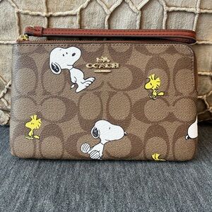 Coach x Peanuts Snoopy and Woodstock Brown Wristlet